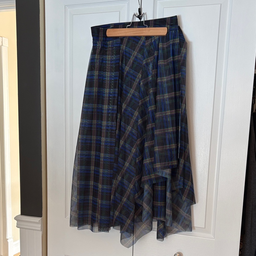 Elegant Asymmetrical Plaid Skirt in Blue and Green - Picture 1 of 2
